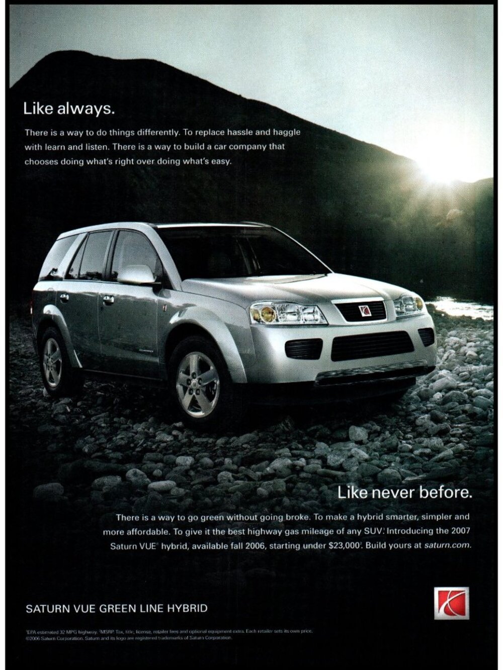 2006 Saturn Vue Green Line Hybrid SUV Vintage Print Ad Moutain Stream Wall Art
